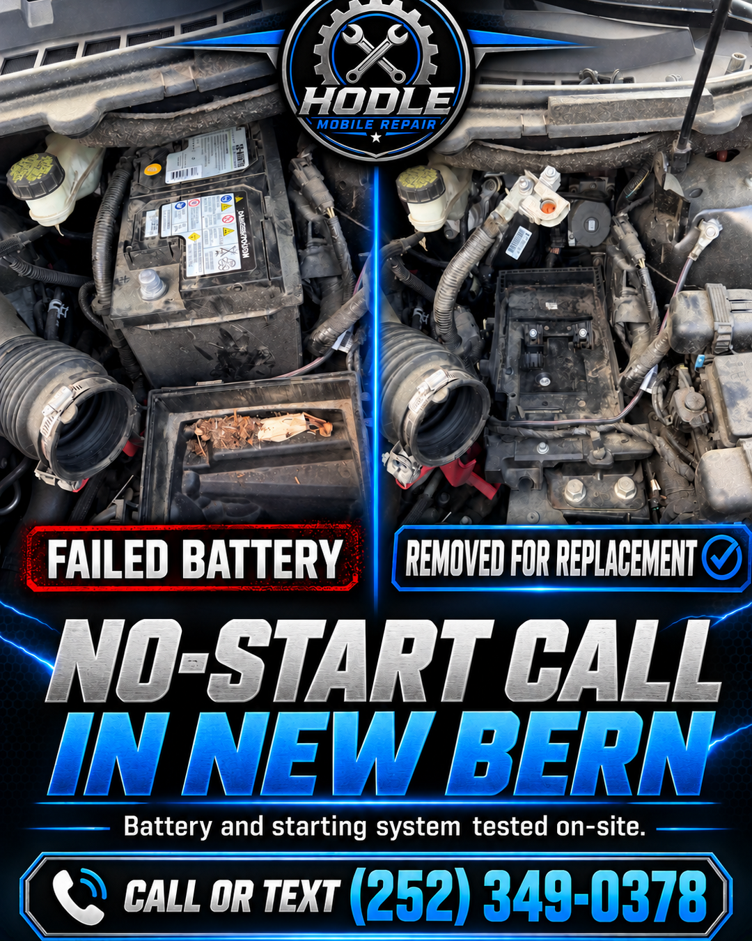 Failed battery removed during a no-start service call in New Bern